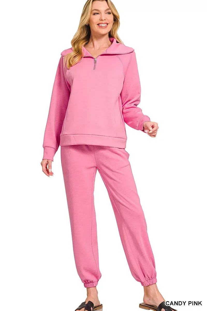 Zenana Scuba Half Zip Sweatshirts and Joggers Set - Trendsi - Flyclothing LLC