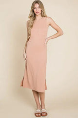 BOMBOM Ribbed Knit Sleeveless Midi Dress - Trendsi - Flyclothing LLC