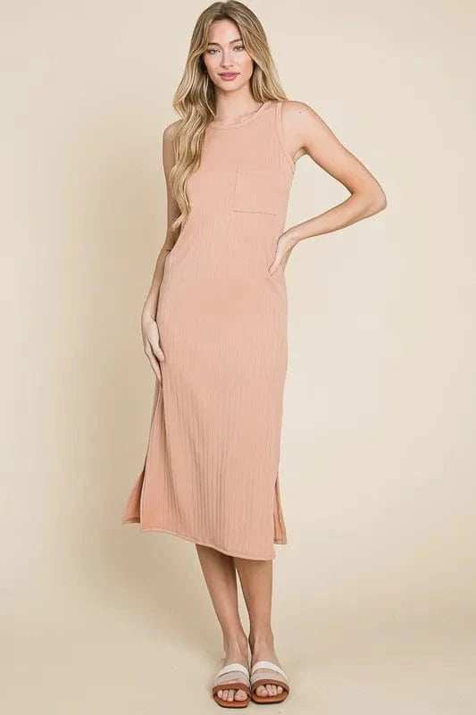 BOMBOM Ribbed Knit Sleeveless Midi Dress - Trendsi - Flyclothing LLC