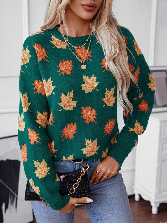 Maple Leaf Round Neck Long Sleeve Sweater - Trendsi