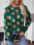 Maple Leaf Round Neck Long Sleeve Sweater - Trendsi