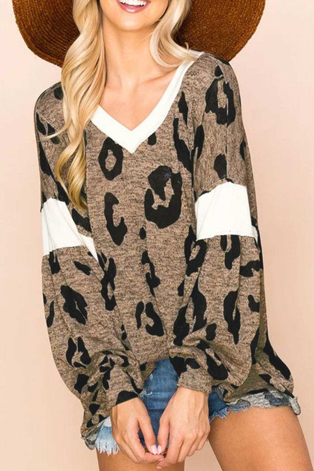Leopard V-Neck Long Sleeve Blouse - Trendsi - Flyclothing LLC