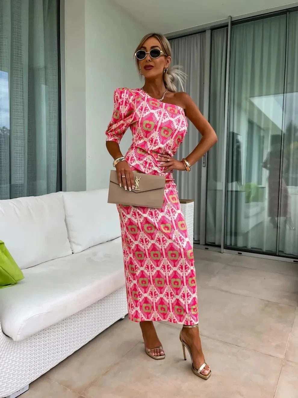 Slit Printed Single Shoulder Midi Dress - Trendsi - Flyclothing LLC