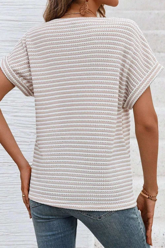 Stripe Buttoned Front V Neck T Shirt - Trendsi - Flyclothing LLC