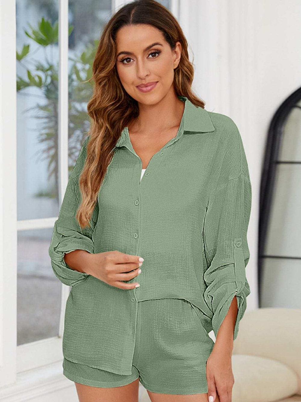 Button Up Long Sleeve Top and Shorts Set - Trendsi - Flyclothing LLC