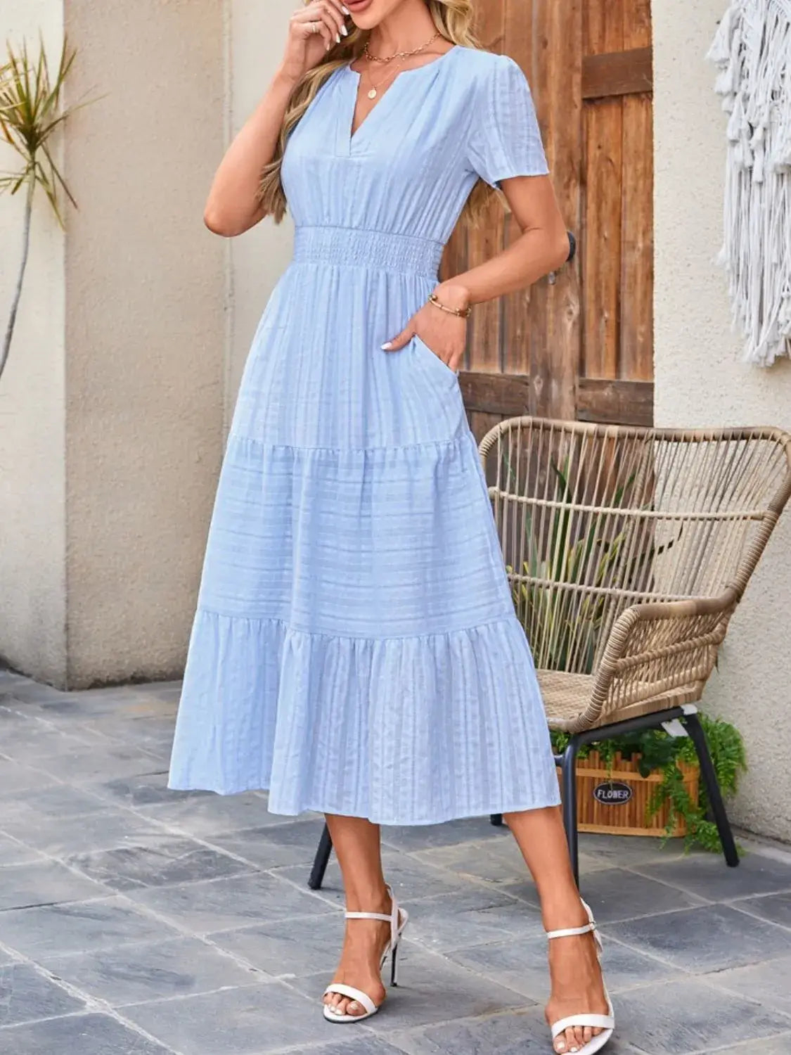 Tiered Notched Short Sleeve Dress - Trendsi - Flyclothing LLC