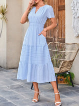 Tiered Notched Short Sleeve Dress - Trendsi - Flyclothing LLC