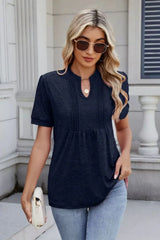 Notched Short Sleeve Top - Trendsi - Flyclothing LLC