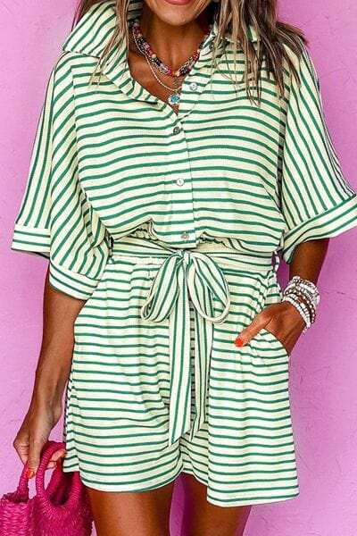 Striped Half Sleeve Tie Waist Romper - Trendsi - Flyclothing LLC