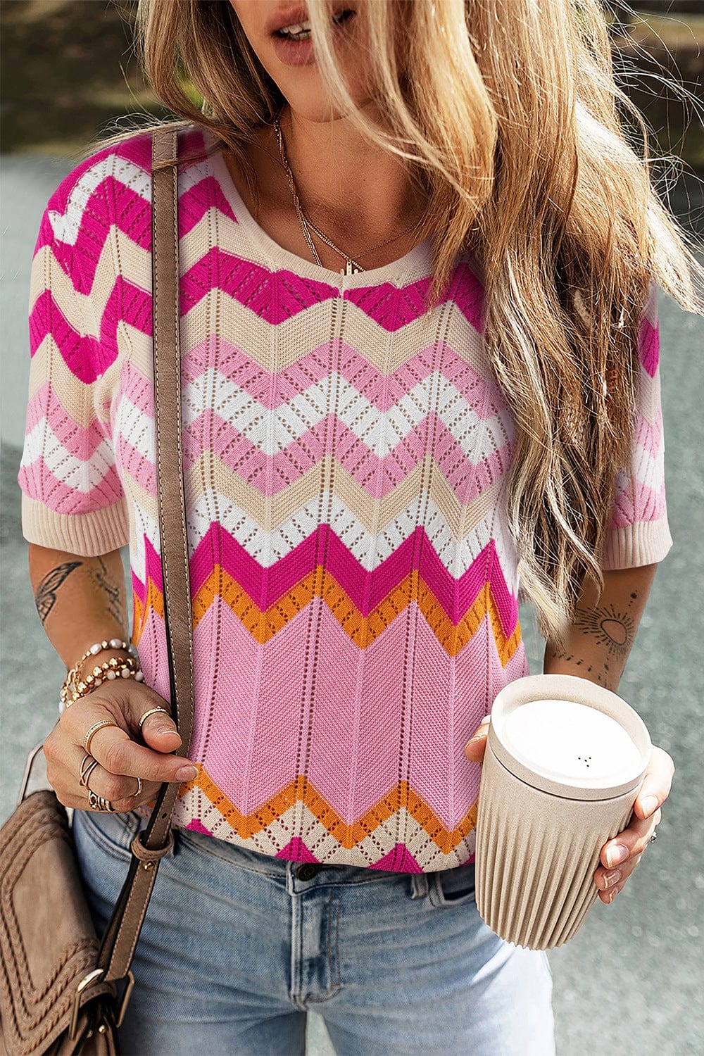 Stripe Chevron Openwork Round Neck Short Sleeve Knit Top - Trendsi