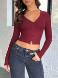 Buttoned V-Neck Long Sleeve T-Shirt - Trendsi - Flyclothing LLC
