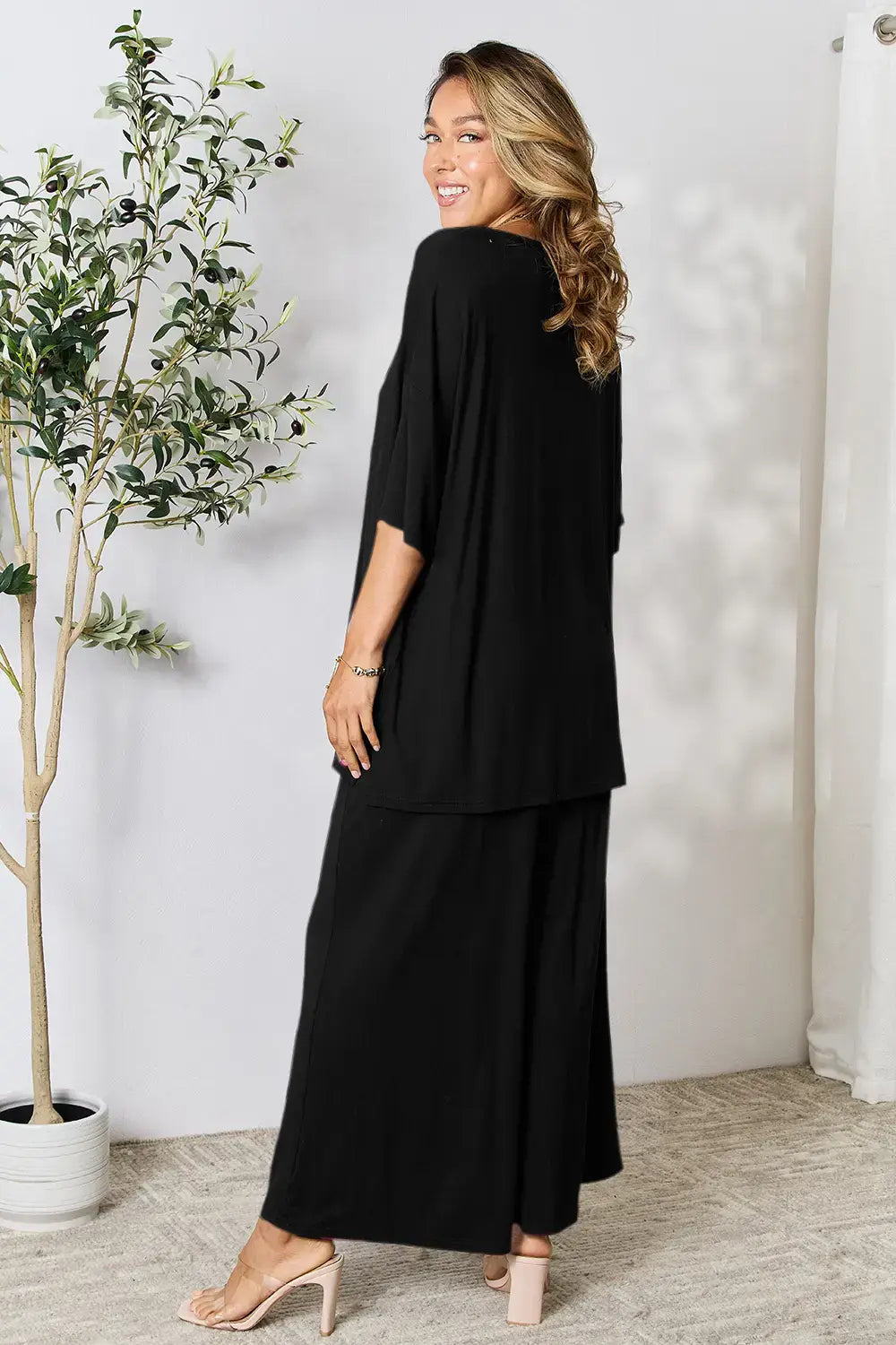 Double Take Full Size Round Neck Slit Top and Pants Set - Trendsi - Flyclothing LLC