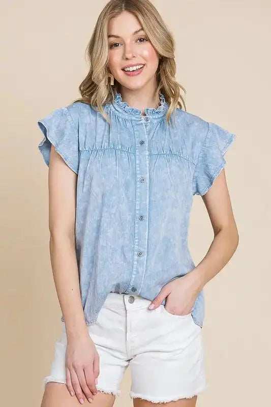 Lime 'N' Chili Mineral Wash Flutter Sleeve Button Down Shirt - Trendsi - Flyclothing LLC