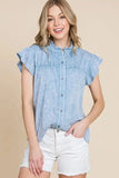 Lime 'N' Chili Mineral Wash Flutter Sleeve Button Down Shirt - Trendsi