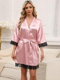 Tied Lace Detail Three-Quarter Sleeve Lounge Nightgown - Trendsi