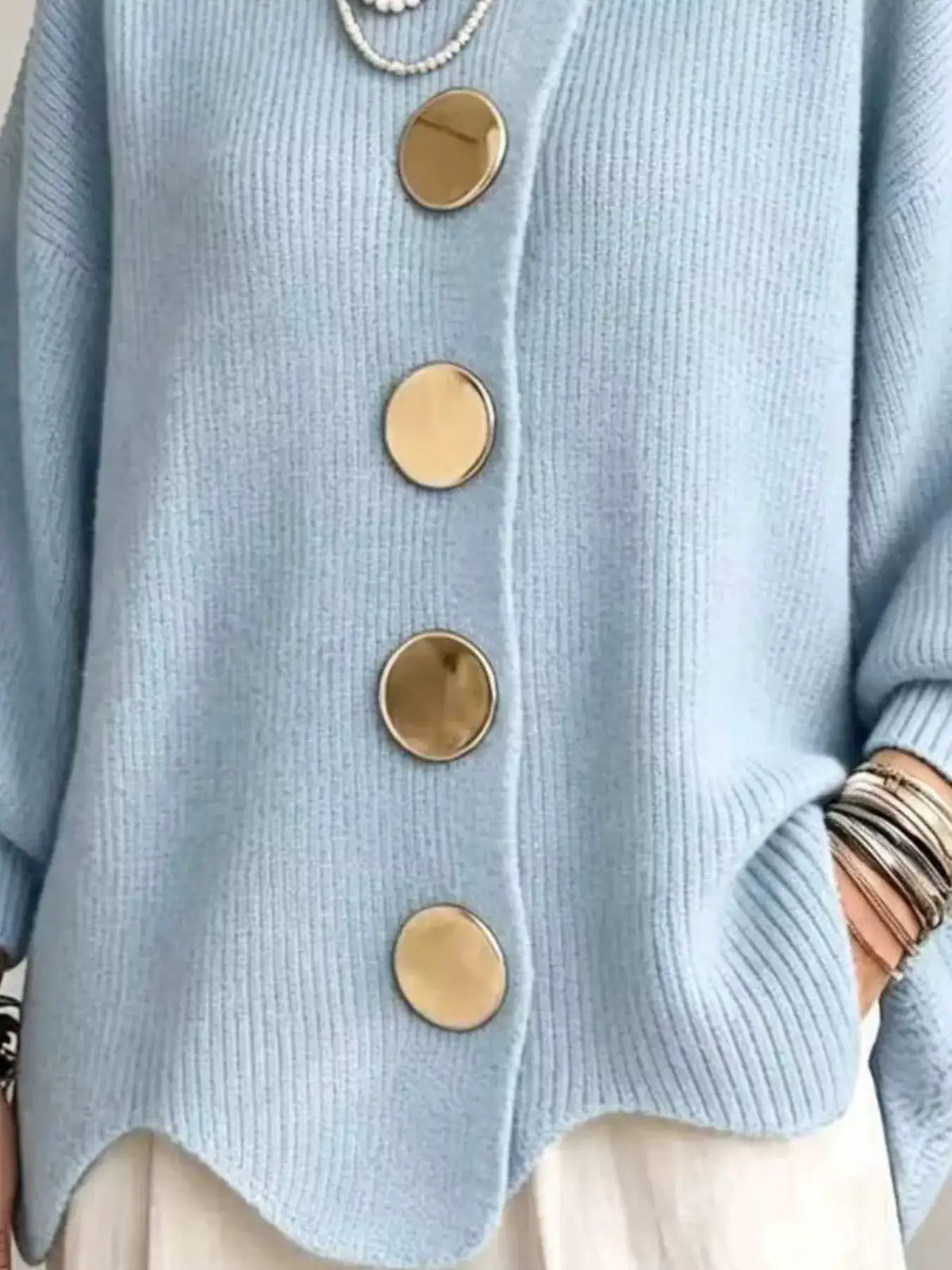 Full Size Gold Buttons Lantern Sleeve Cardigan Plus Size - Trendsi - Flyclothing LLC