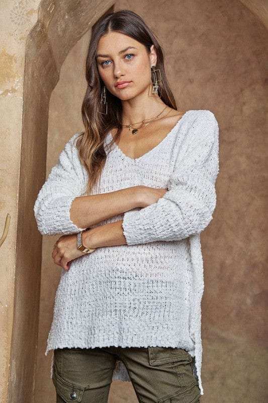 ADORA High-Low Side Slit V-Neck Sweater - Trendsi - Flyclothing LLC