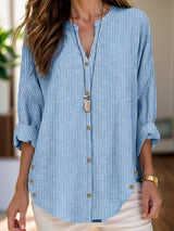 Striped Notched Long Sleeve Blouse - Trendsi - Flyclothing LLC