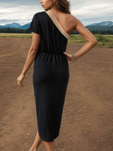 Slit Single Shoulder Short Sleeve Midi Dress - Trendsi - Flyclothing LLC