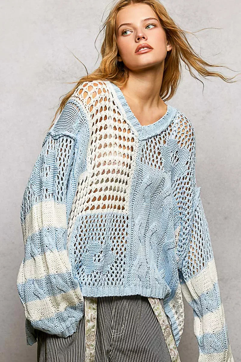 POL Color-Blocked Stripe Pattern Knit Top with Twisted Weave - Trendsi - Flyclothing LLC