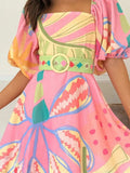 Colorful Print Belted Mini Dress with Puff Sleeves - Trendsi - Flyclothing LLC
