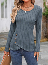 Decorative Button Round Neck Long Sleeve T-Shirt - Trendsi - Flyclothing LLC