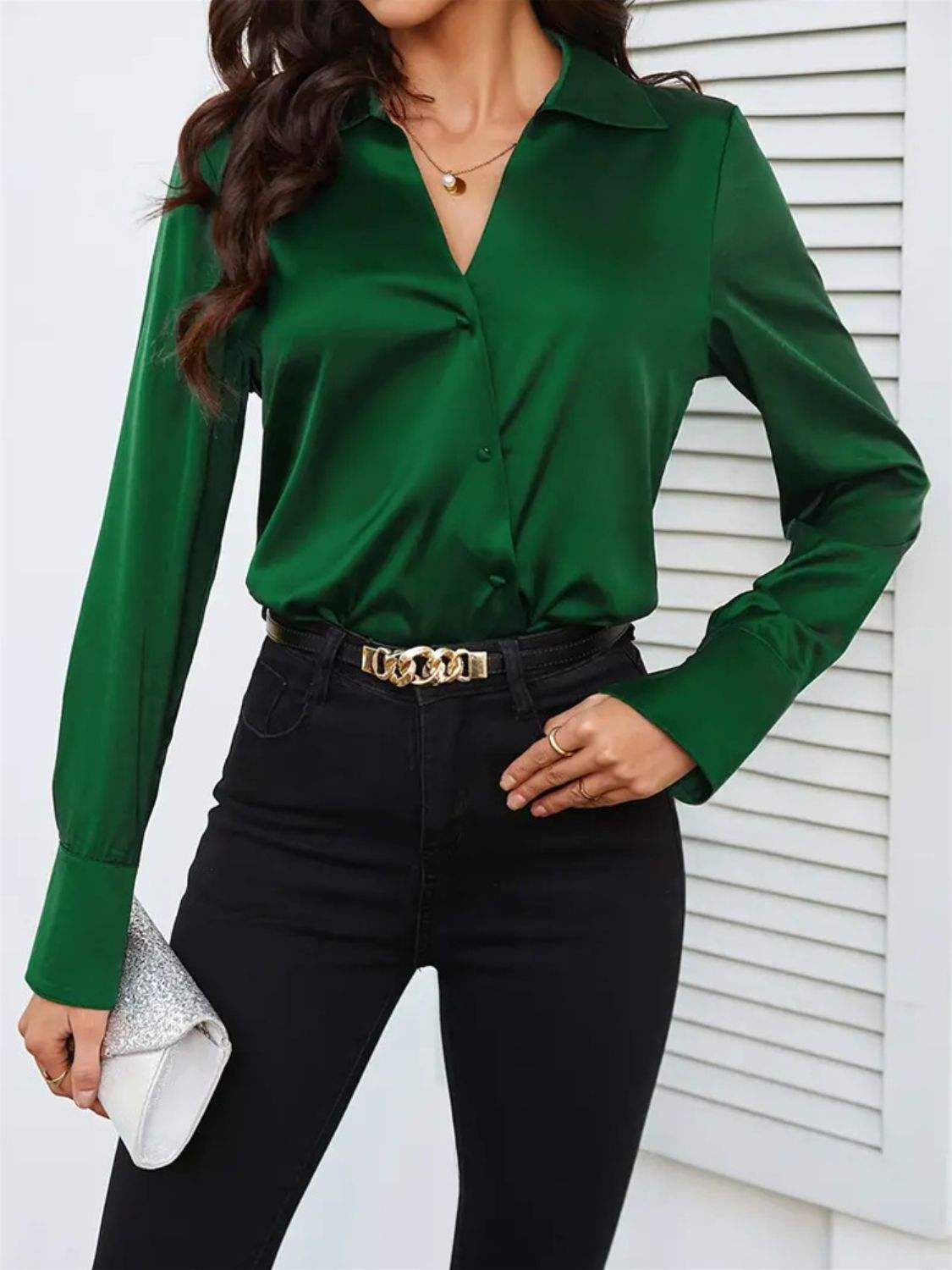 Button Up Collared Neck Long Sleeve Shirt - Trendsi - Flyclothing LLC