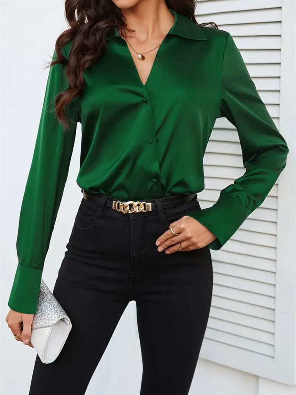 Button Up Collared Neck Long Sleeve Shirt - Trendsi - Flyclothing LLC