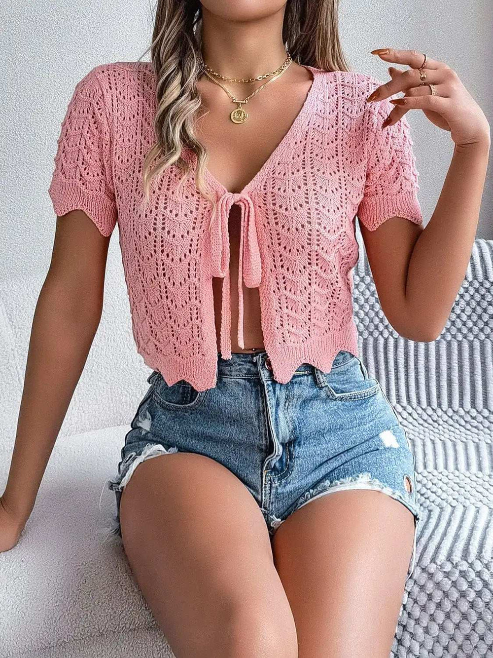 Tied Openwork Short Sleeve Cardigan - Trendsi - Flyclothing LLC