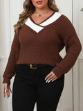 Plus Size Contrast Dropped Shoulder Long Sleeve Sweater - Trendsi - Flyclothing LLC