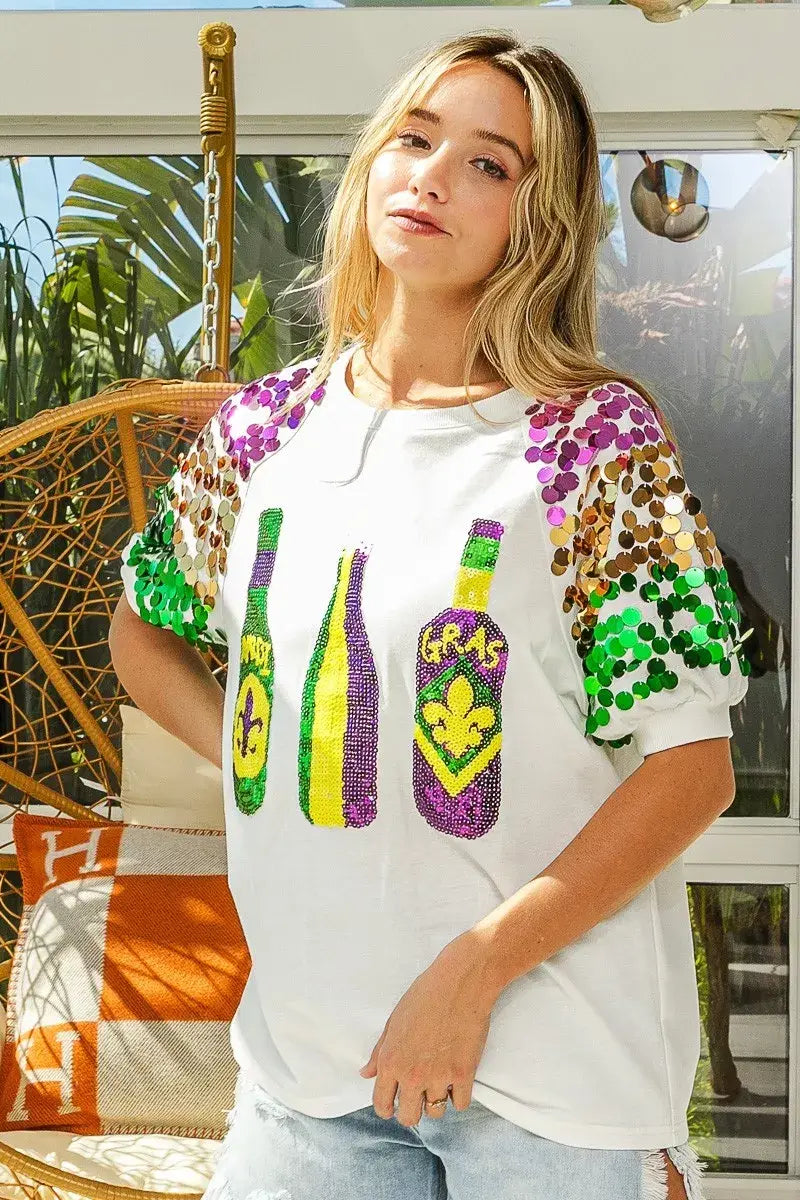 BiBi Sequin Mardi Gras Bottles Spangled Sleeve Top - Trendsi - Flyclothing LLC