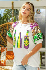 BiBi Sequin Mardi Gras Bottles Spangled Sleeve Top - Trendsi - Flyclothing LLC