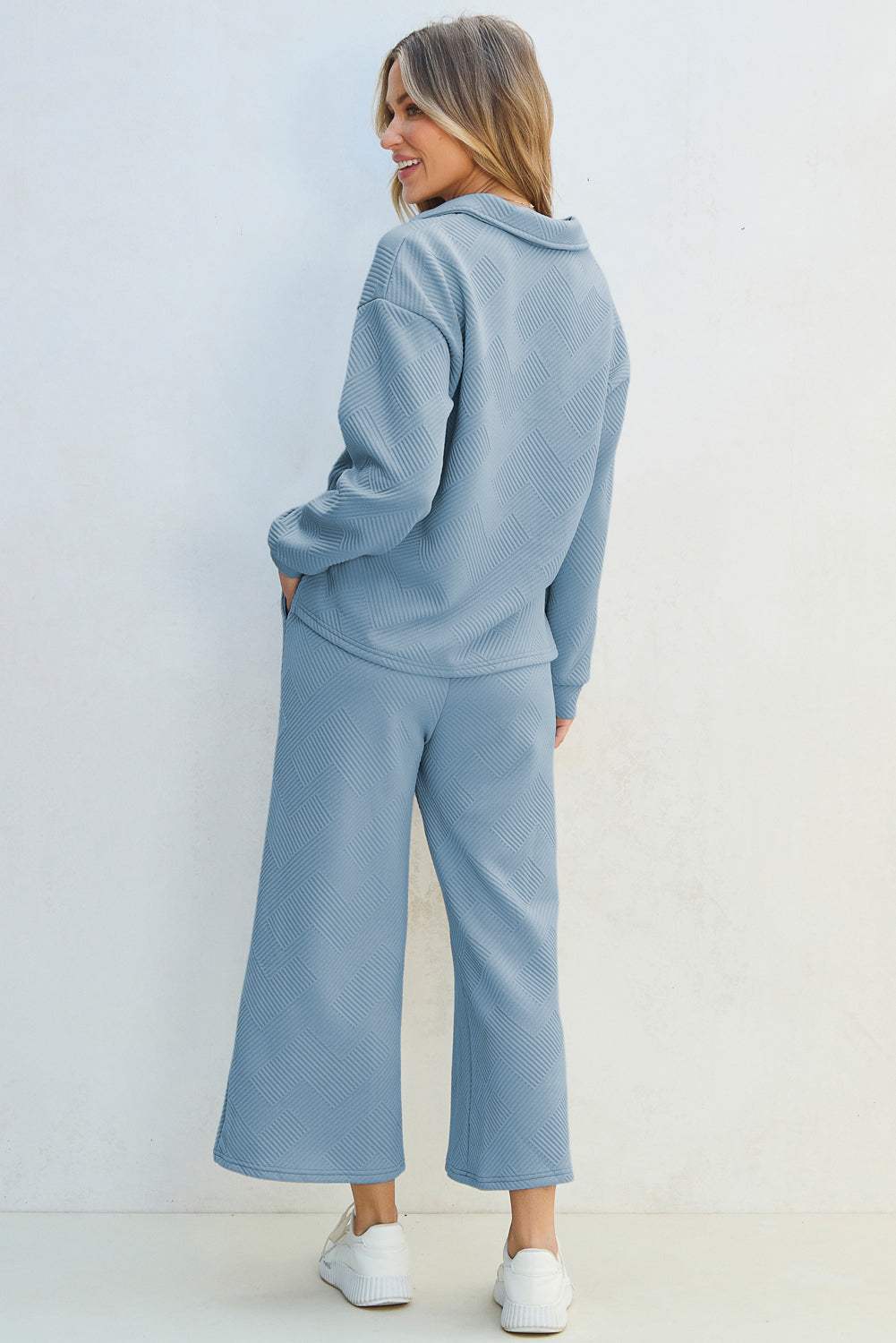 Textured Collared Neck Top and Wide Leg Pants Set - Trendsi - Flyclothing LLC