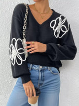 Flower V-Neck Long Sleeve Sweater - Trendsi - Flyclothing LLC