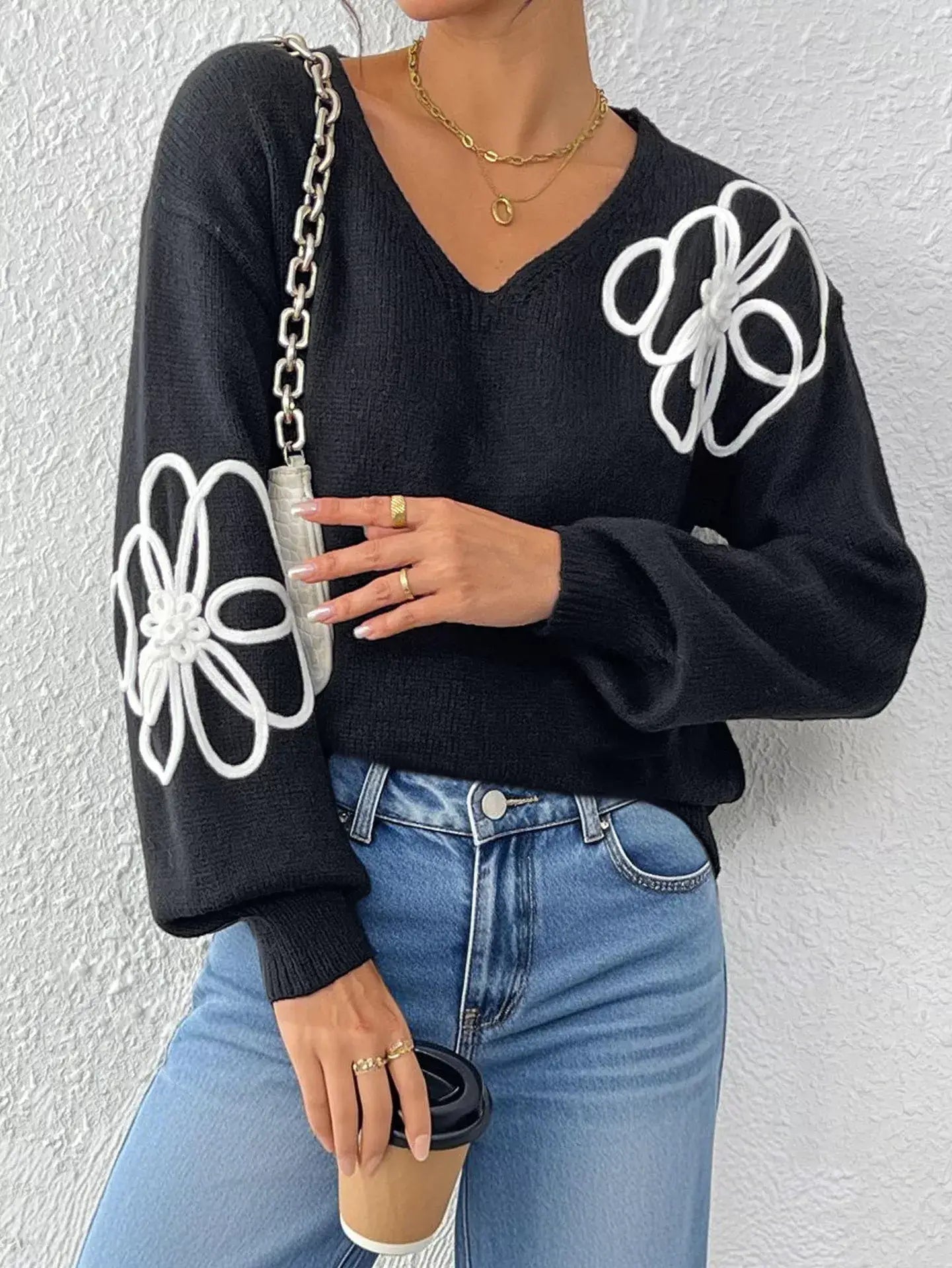 Flower V-Neck Long Sleeve Sweater - Trendsi - Flyclothing LLC