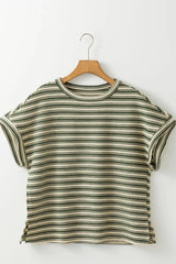 Stripe Textured Side Slit Crew Neck T-Shirt - Trendsi - Flyclothing LLC