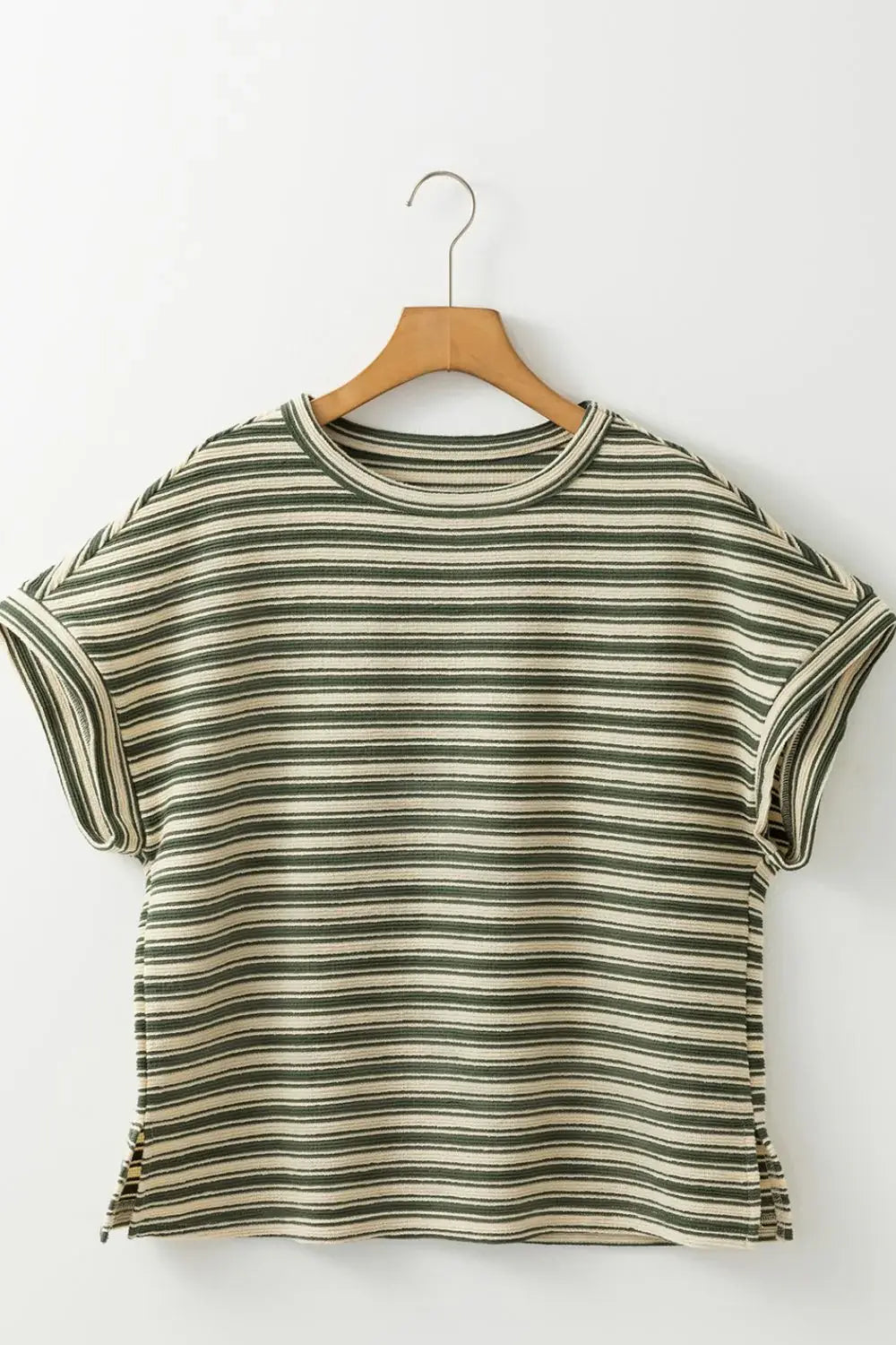 Stripe Textured Side Slit Crew Neck T-Shirt - Trendsi - Flyclothing LLC