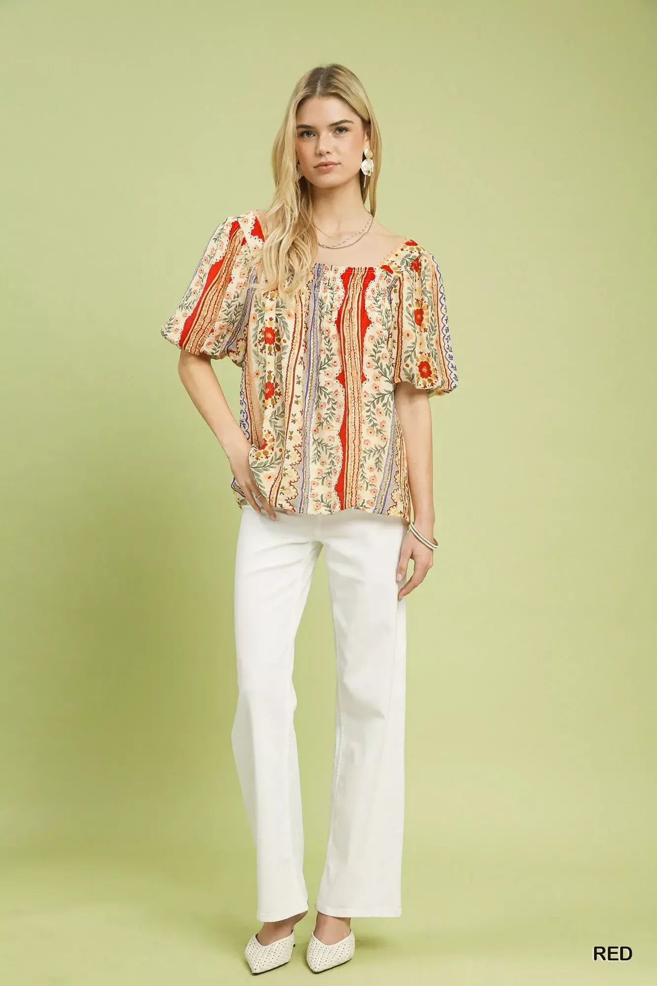 Umgee Patchwork Puff Sleeve Smocked Blouse - Trendsi - Flyclothing LLC