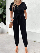 V-Neck Short Sleeve Jumpsuit - Trendsi - Flyclothing LLC