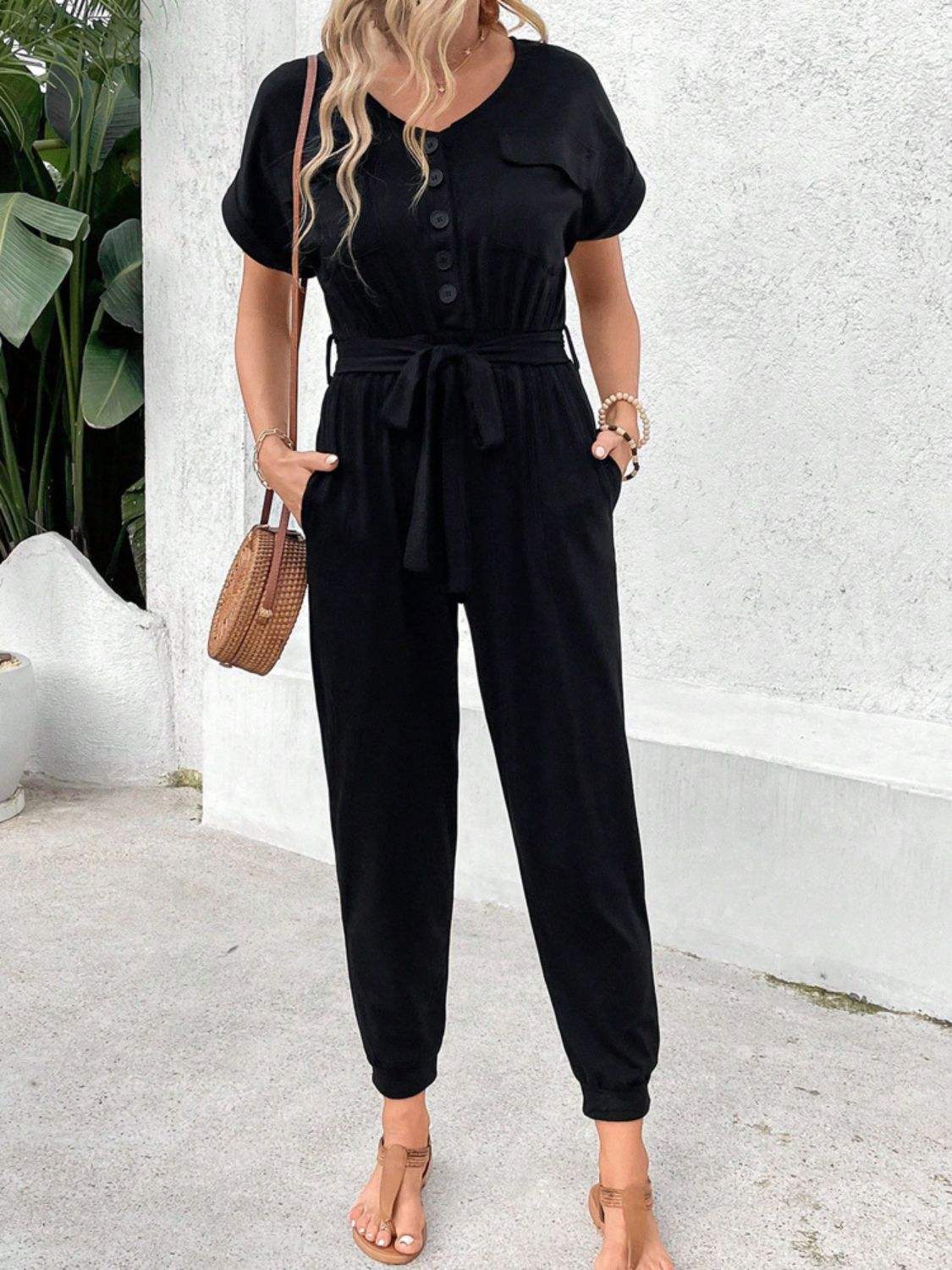 V-Neck Short Sleeve Jumpsuit - Trendsi - Flyclothing LLC