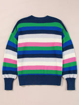 Rainbow Striped Crew Neck Drop Shoulder Sweater - Trendsi - Flyclothing LLC