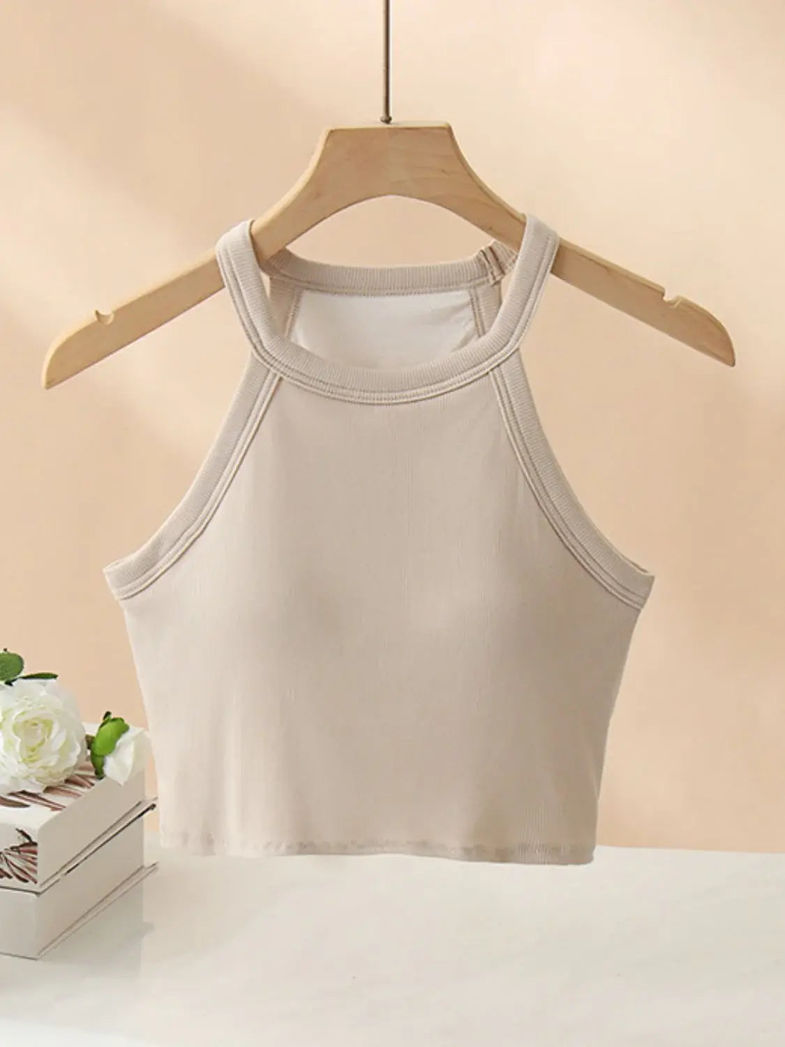 Ribbed Grecian Neck Cropped Tank with Chest Pads - Trendsi - Flyclothing LLC