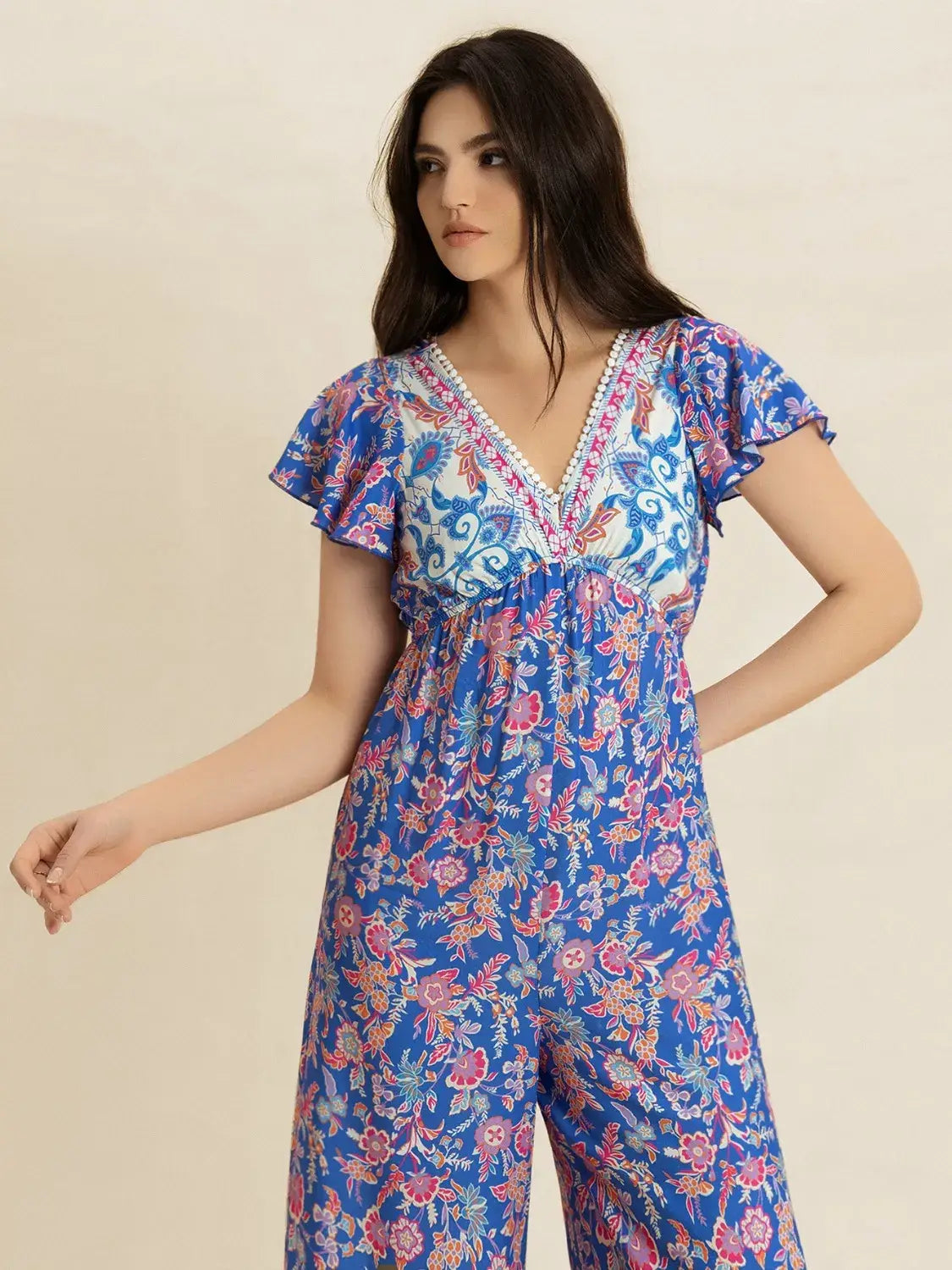 Printed V-Neck Wide Leg Jumpsuit - Trendsi - Flyclothing LLC