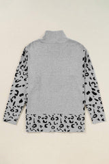Slit Leopard Mock Neck Dropped Shoulder Sweater - Trendsi - Flyclothing LLC