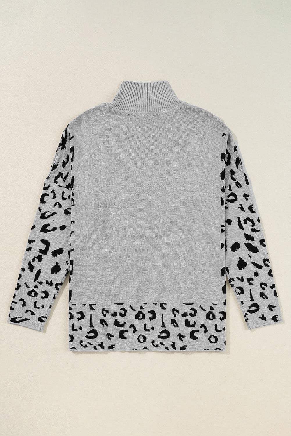 Slit Leopard Mock Neck Dropped Shoulder Sweater - Trendsi - Flyclothing LLC