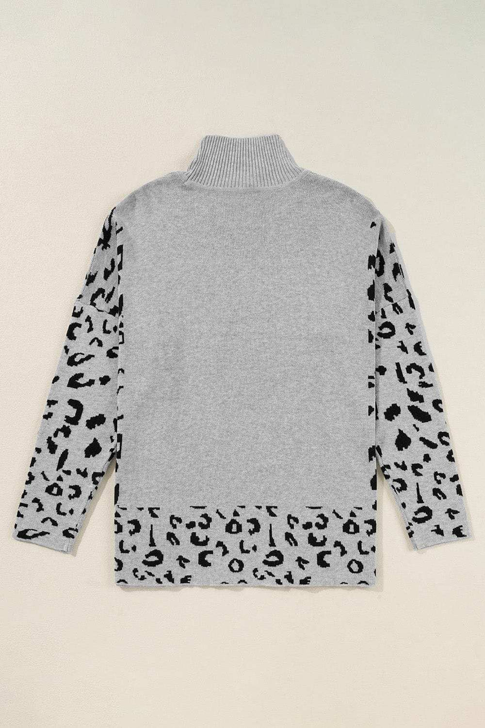 Slit Leopard Mock Neck Dropped Shoulder Sweater - Trendsi - Flyclothing LLC