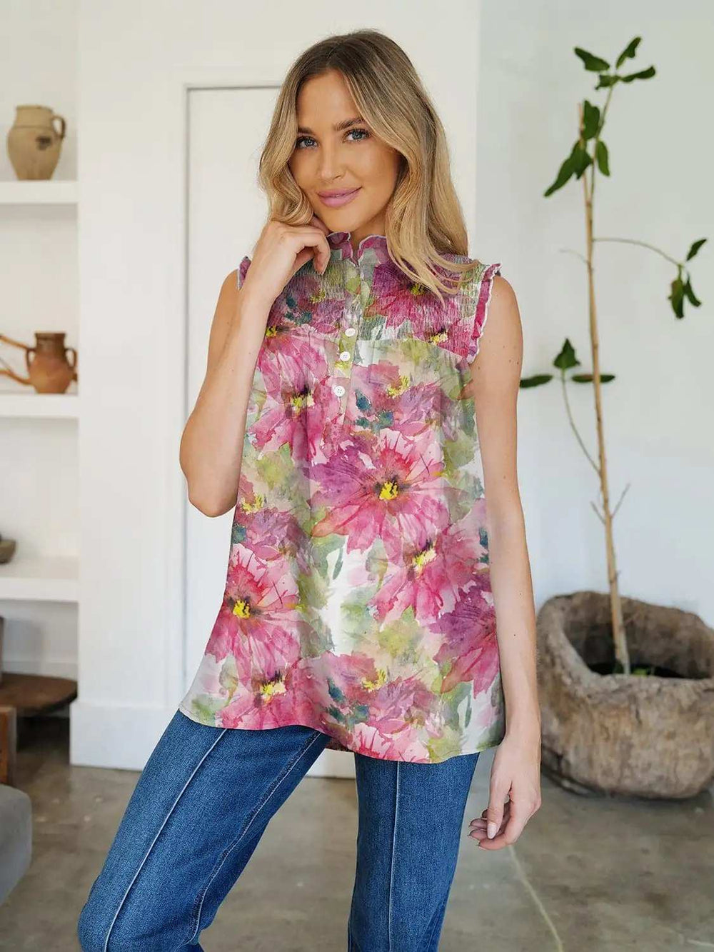 Frill Printed Mock Neck Top - Trendsi - Flyclothing LLC