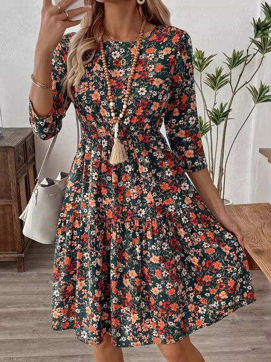 Frill Floral Round Neck Dress - Trendsi