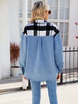 Pocketed Plaid Snap Down Denim Jacket - Trendsi - Flyclothing LLC