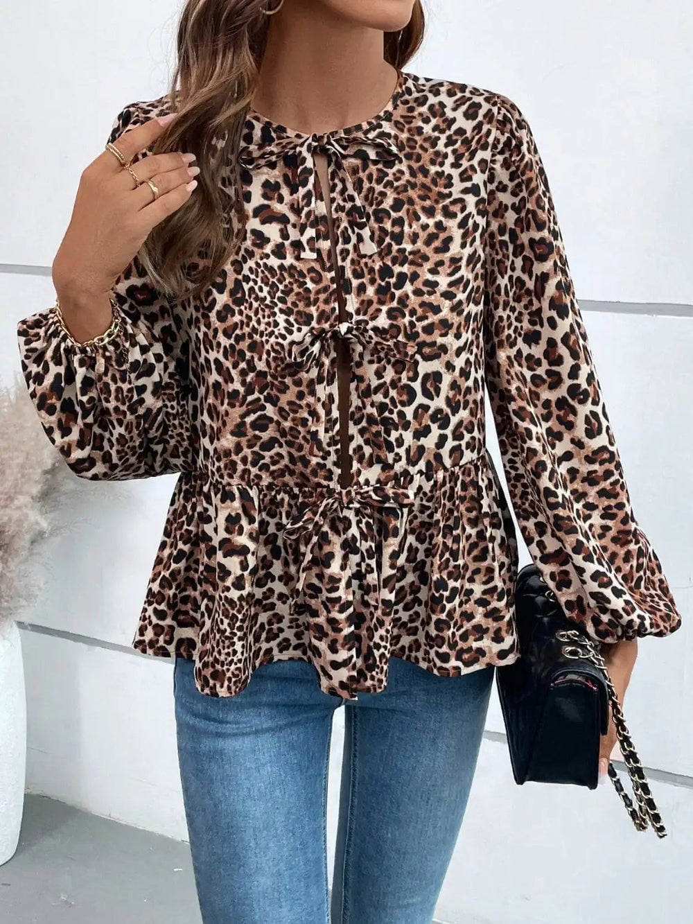 Ivy Lane Peplum Tied Long Sleeve Blouse - Trendsi